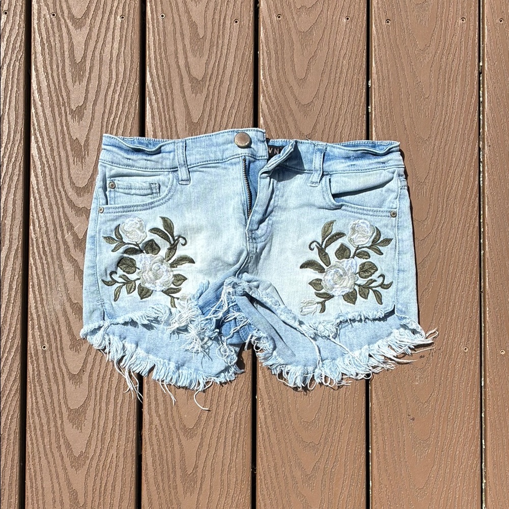 Embroidered Light Blue Denim Shorts
